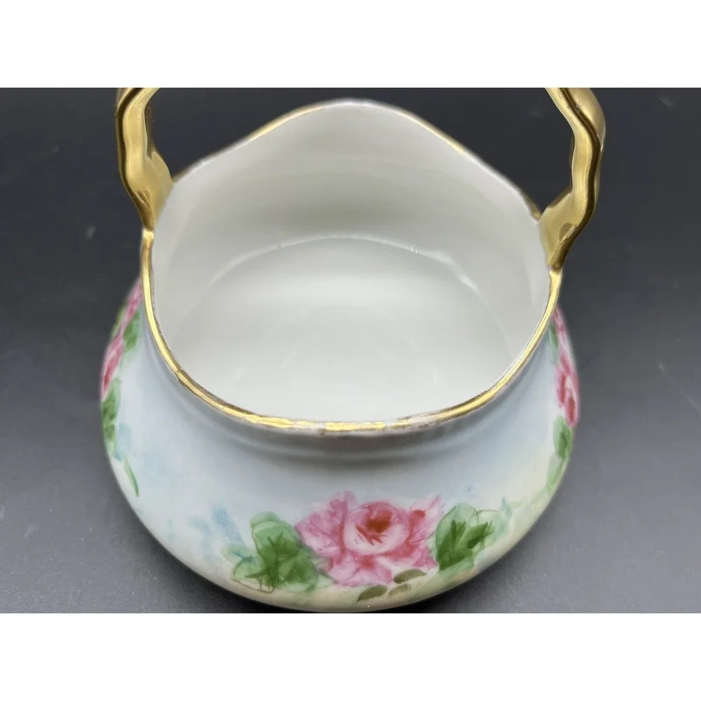 Antique Handmade/ Hand painted German Porcelain Gold Handle Basket w Roses